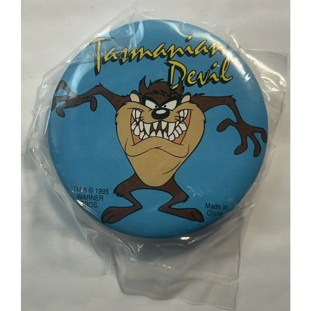 Circular Tasmanian Devil Looney Tunes pin, perfect for collectors and fans alike