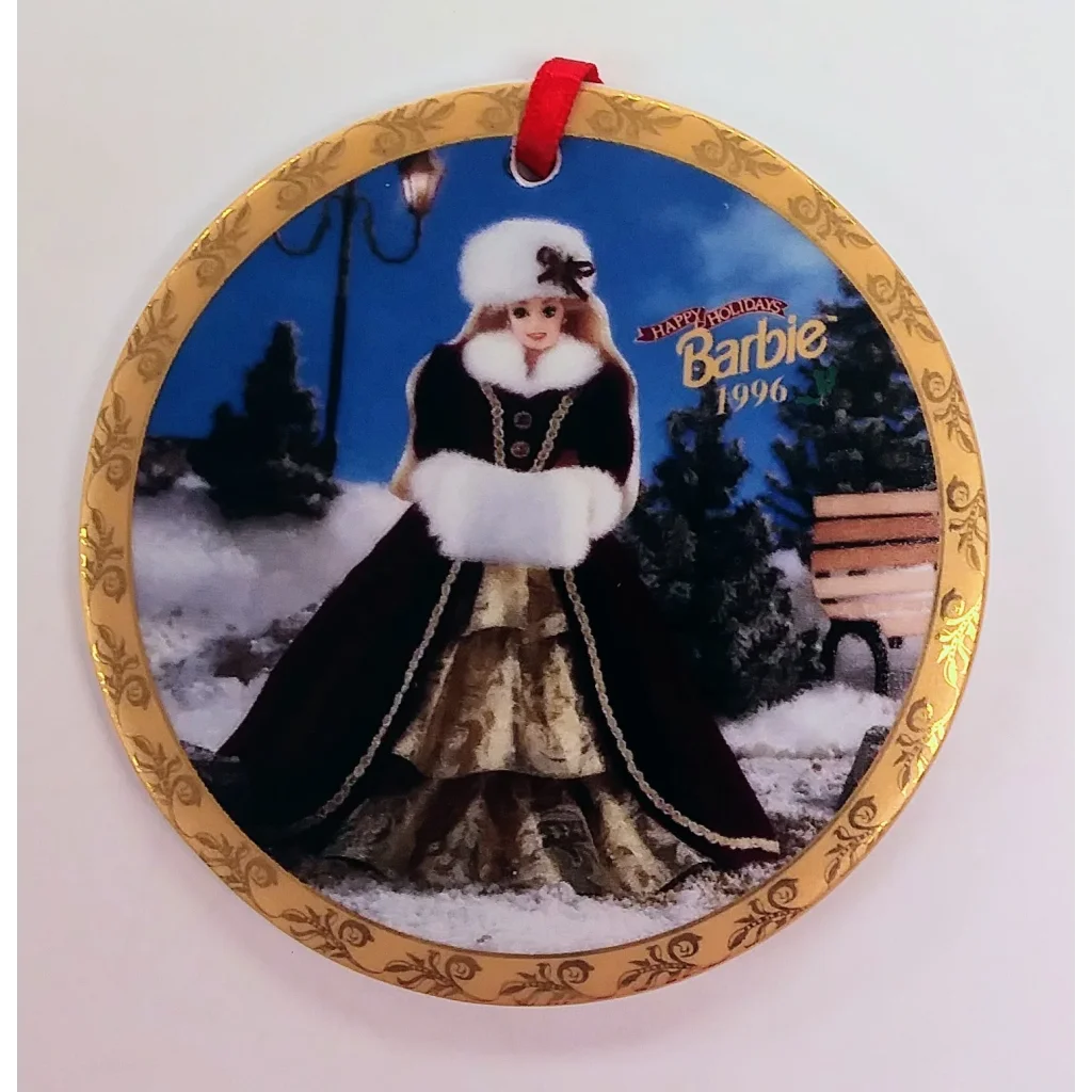 Vintage 1996 Happy Holidays Barbie Ornament with black gold design fur trim