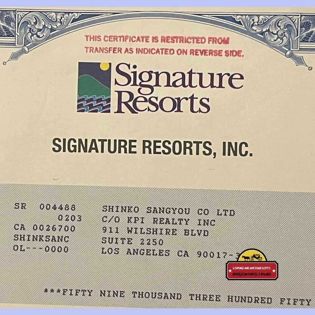 Vintage Nontransferable Signature Resorts Stock Certificate Worlds Largest Vacation Company 1997 - Advertisements -