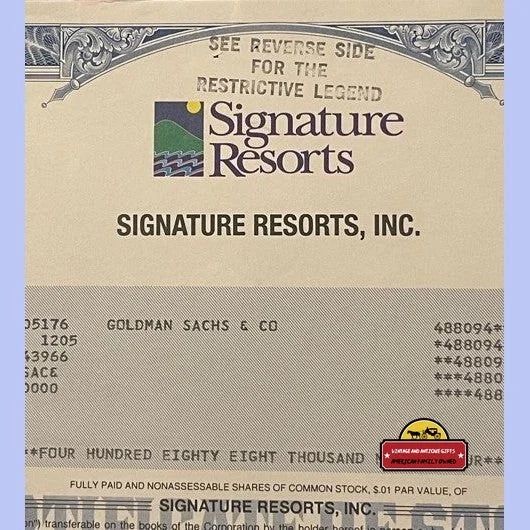 Vintage Nontransferable Signature Resorts Stock Certificate Worlds Largest Vacation Company 1997 - Advertisements -