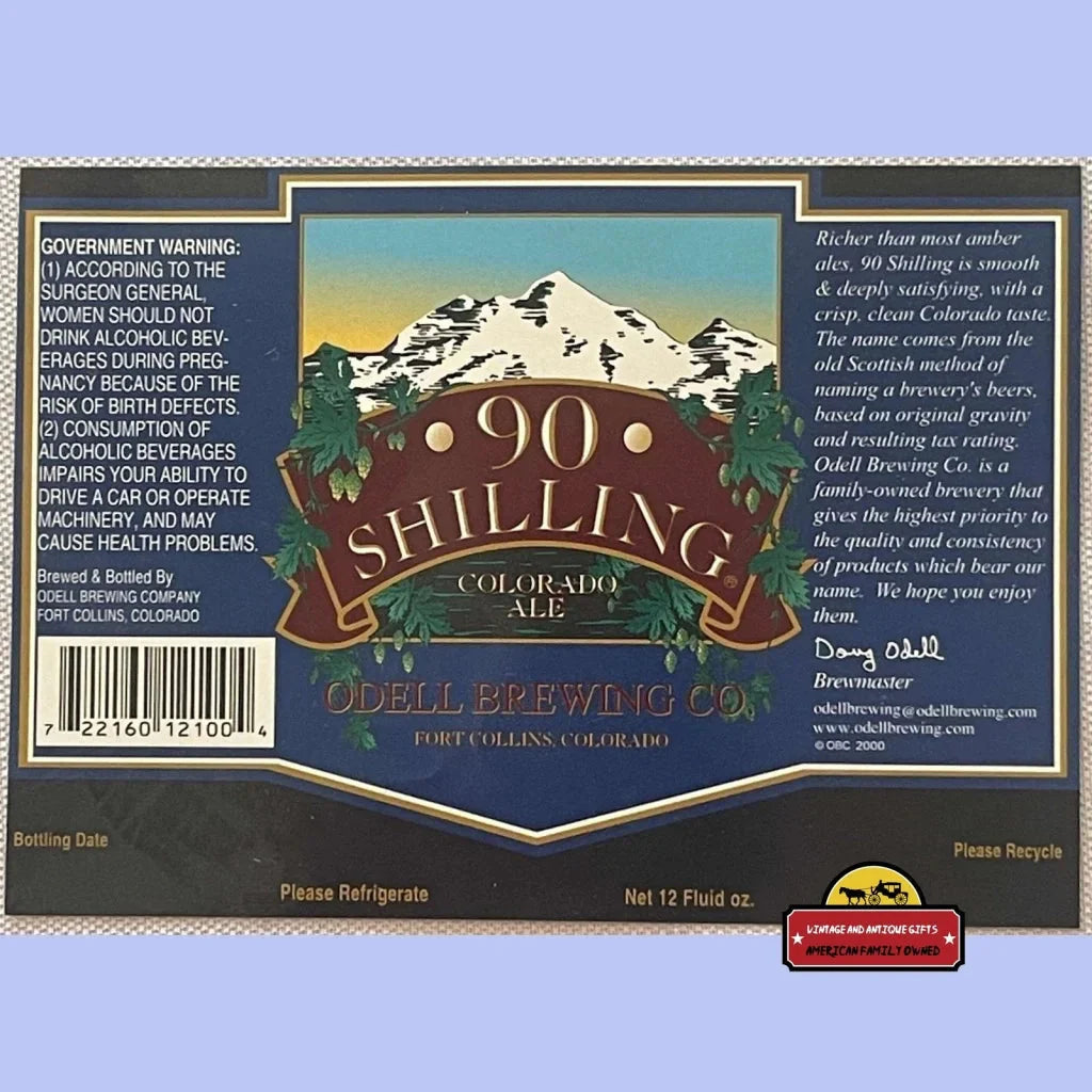 Beer label for 90 Shilling Colorado Ale by Odell Brewing, showcasing a classic design