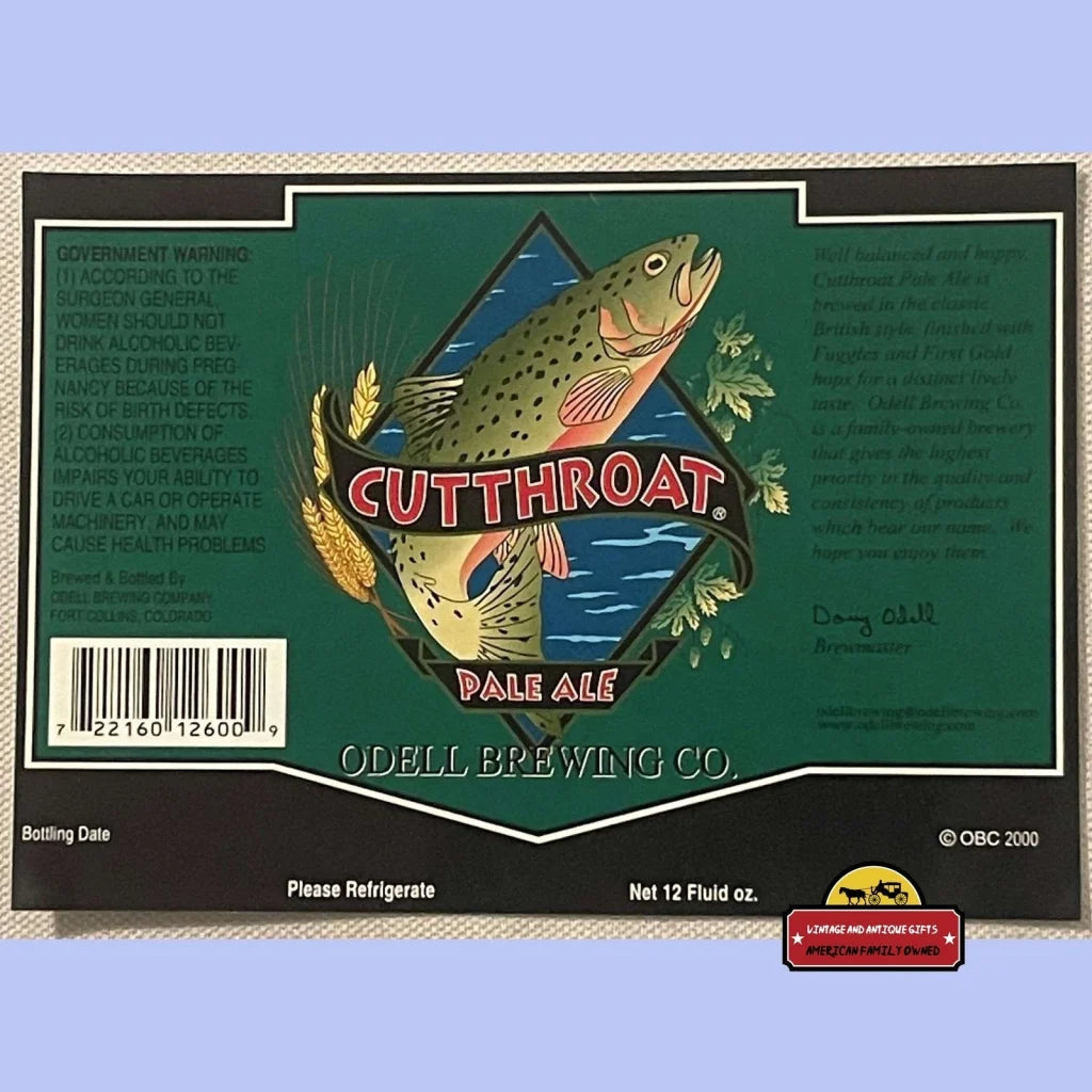 Vintage 2000 Cutthroat Pale Ale Label Odell Brewing Co. Ft. Collins CO Advertisements Antique Beer and Alcohol