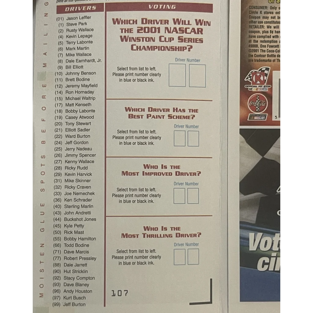 Vintage 2001 🏆 NASCAR Winston Cup Ballot Year Tragic Loss Dale Earnhardt RIP! - Collectibles - Antique Tobacco and Cigar