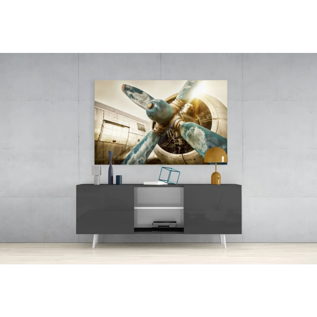 Rusted blue airplane propeller on vintage canvas wall art print