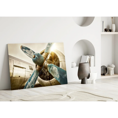 Vintage teal airplane propeller wall art canvas print with rust patina