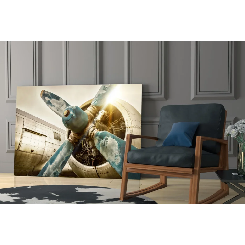 Vintage airplane propeller canvas wall art print in blue metallic tones