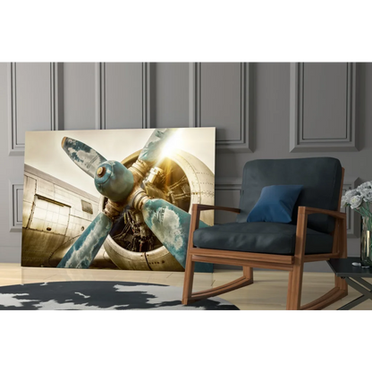 Vintage airplane propeller canvas wall art print in blue metallic tones