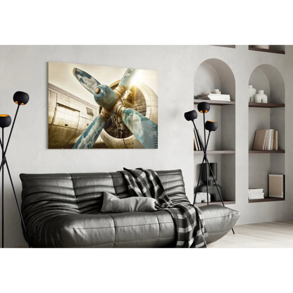 Vintage airplane propeller canvas wall art print in blue metallic tones