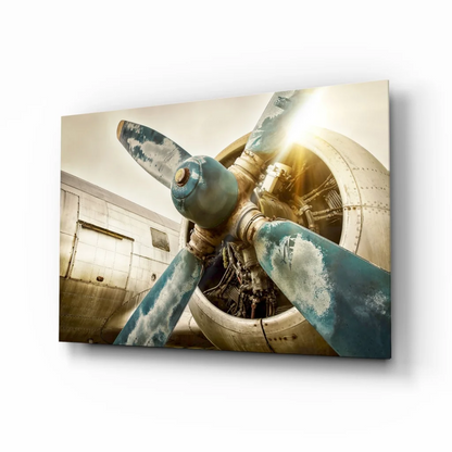 Rusty vintage airplane propeller on weathered blue engine, wall art print