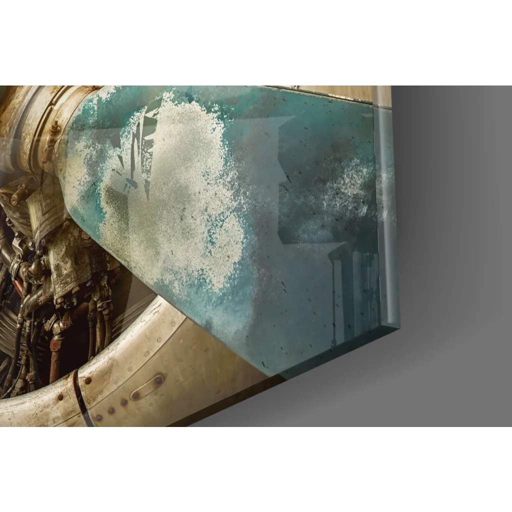 Vintage teal airplane engine wall art print with rust