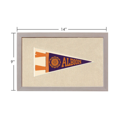 Vintage Albion College pennant in navy blue and orange frame