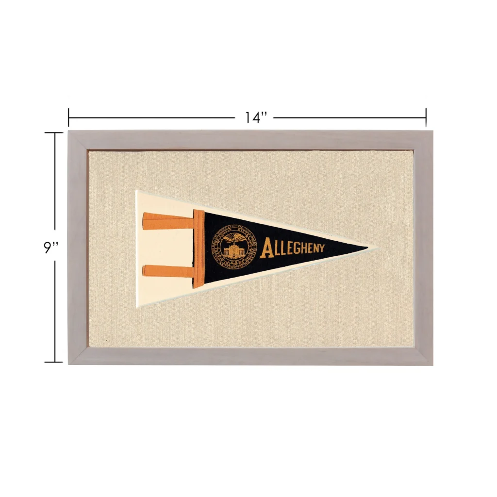 Vintage Allegheny College black and gold pennant in gray frame