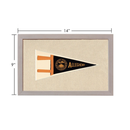 Vintage Allegheny College black and gold pennant in gray frame