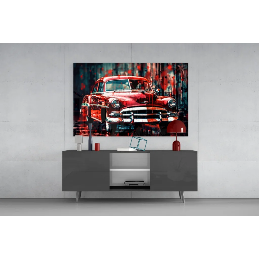 Vibrant red vintage car wall art canvas print with glossy finish