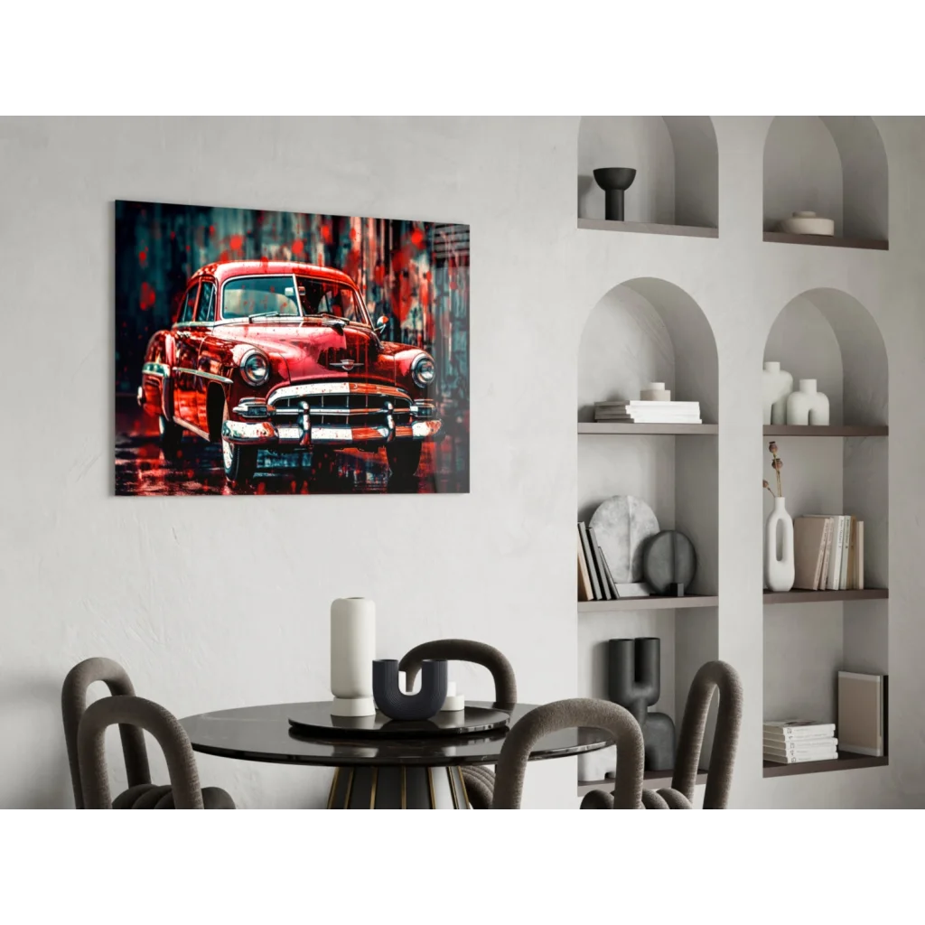 Vibrant red vintage car glass wall art canvas print