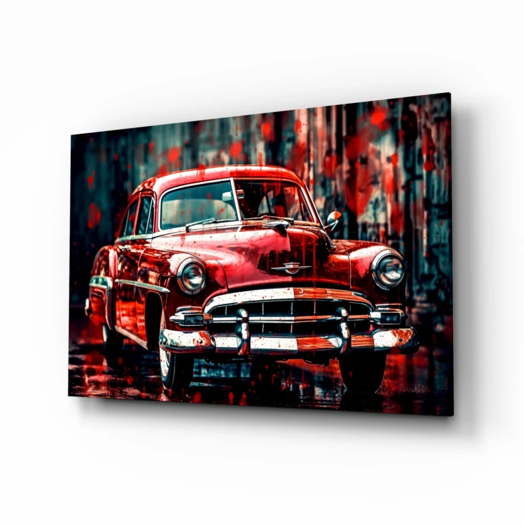 Vibrant red vintage car in splattered paint on glossy canvas wall art