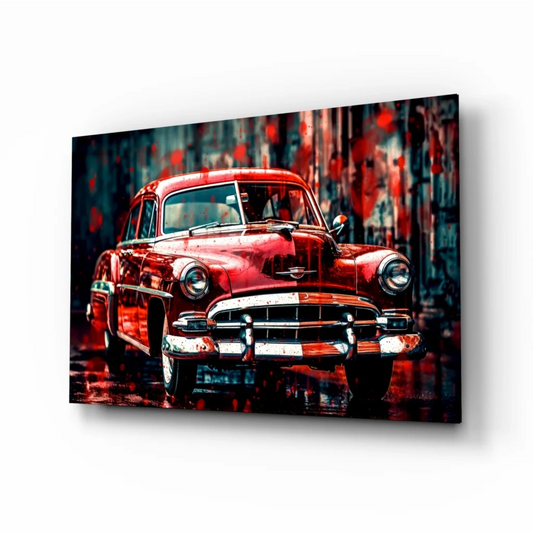 Vibrant red vintage car in splattered paint on glossy canvas wall art