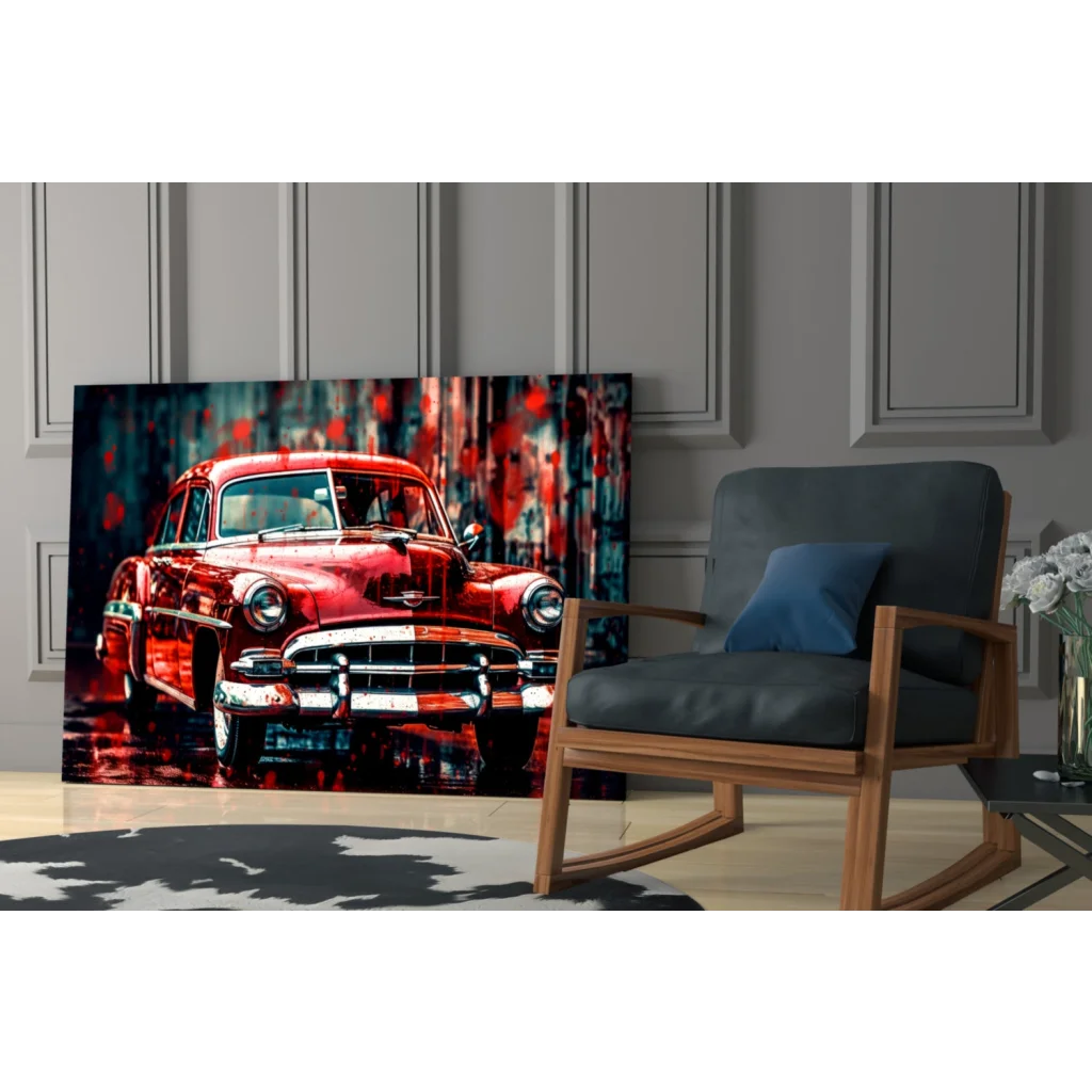 Vibrant red vintage car wall art canvas print with glossy finish