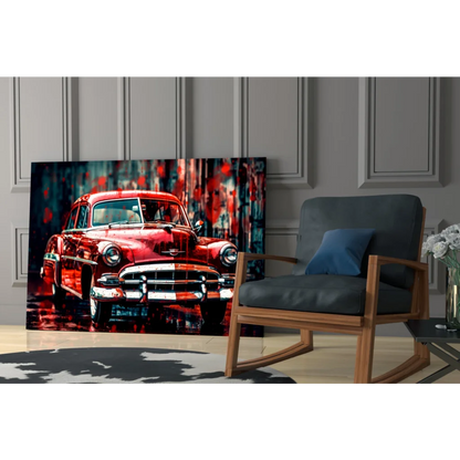 Vibrant red vintage car wall art canvas print with glossy finish