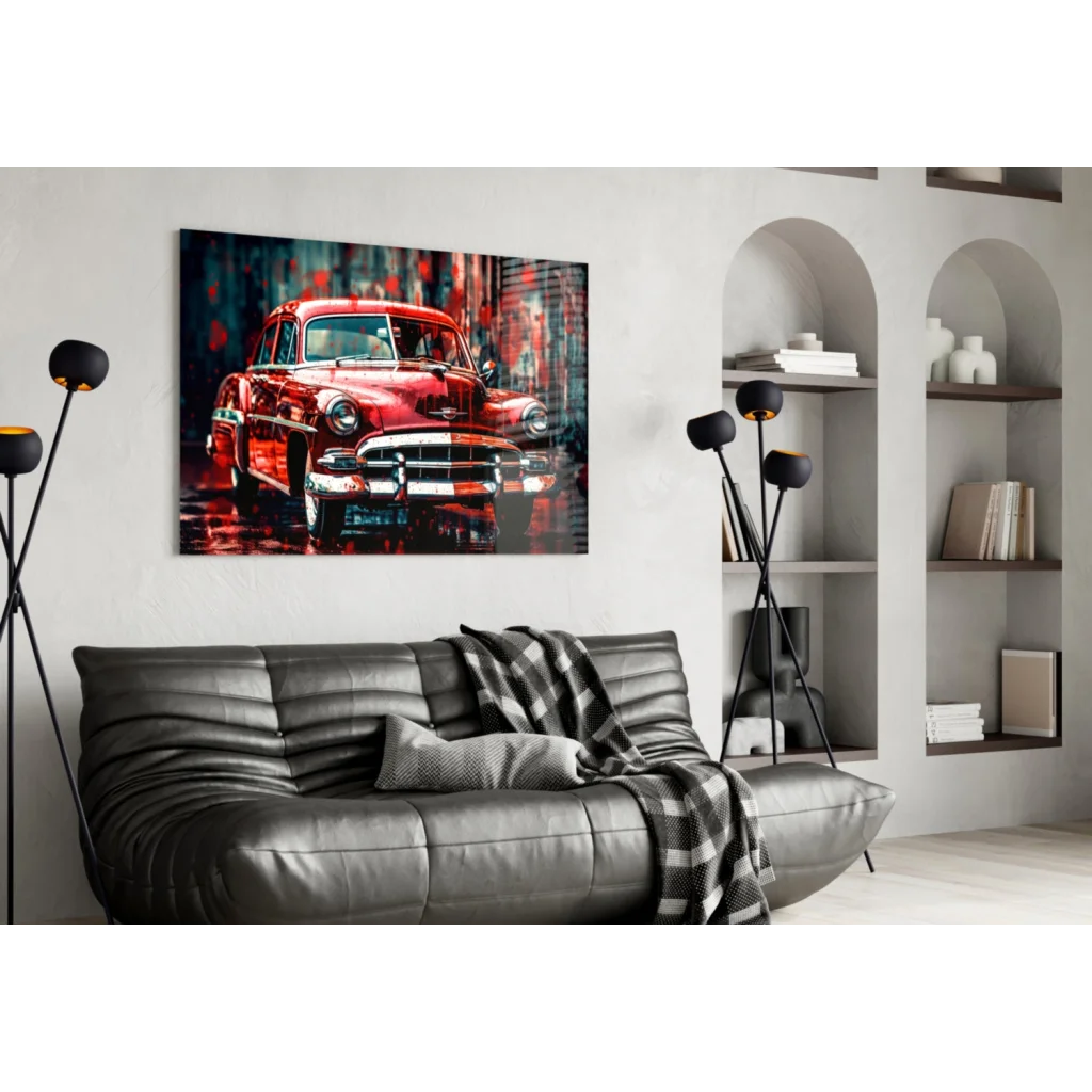 Vibrant red vintage car glass wall art with chrome accents and wet reflections