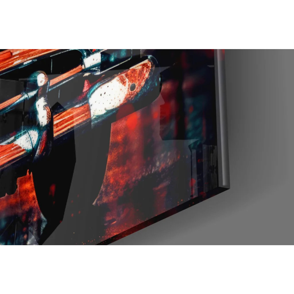 Vibrant fiery axe on vintage red car glass wall art with glossy finish