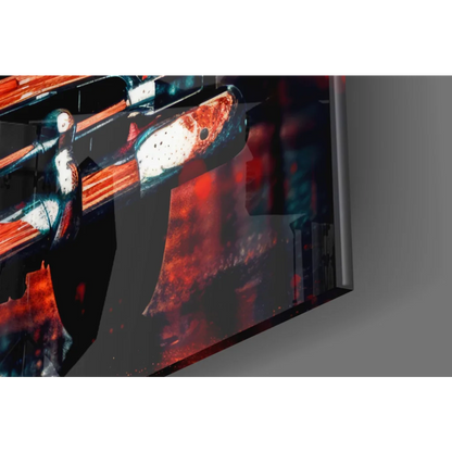 Vibrant fiery axe on vintage red car glass wall art with glossy finish