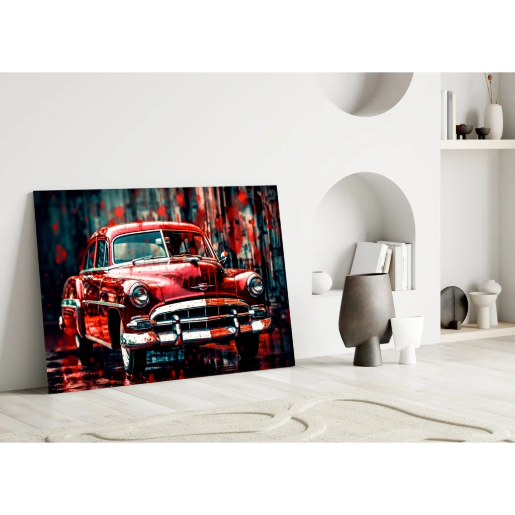 Vibrant red vintage car glass wall art canvas print with glossy finish