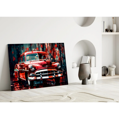 Vibrant red vintage car glass wall art canvas print with glossy finish