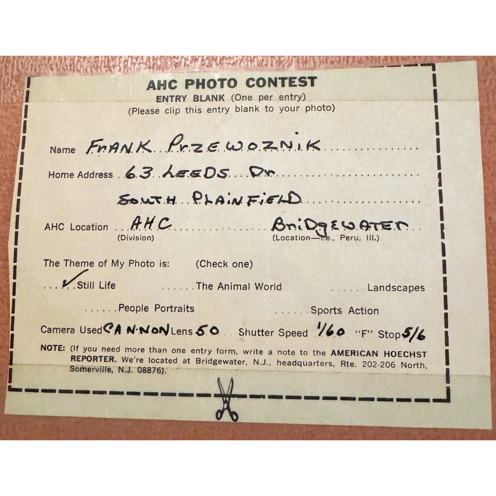 Vintage American Hoechst contest entry form with handwritten details