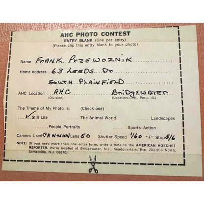 Vintage American Hoechst contest entry form with handwritten details