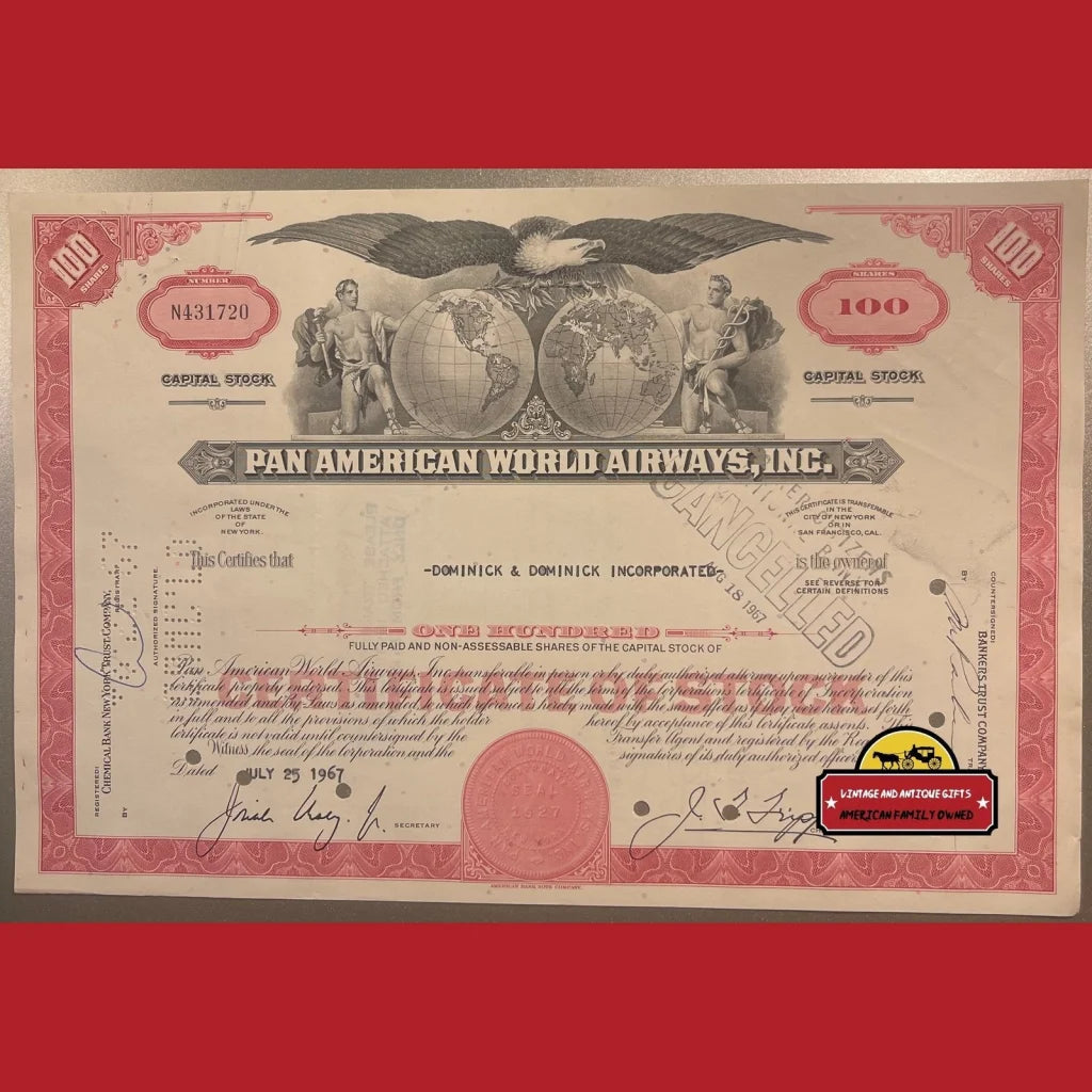 Vintage Pan Am American World Airways Stock Certificate 1960s Icon Rip - Advertisements - Antique And Bond Certificates.