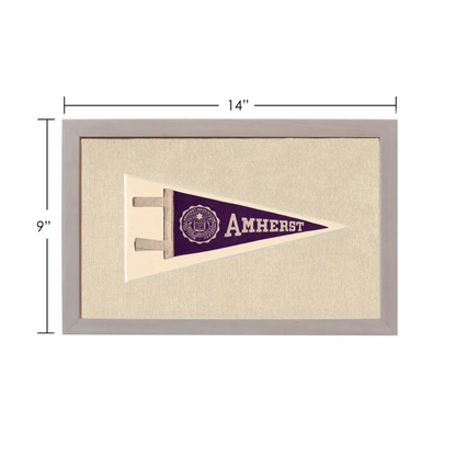 Vintage Amherst College pennant in framed purple and cream display
