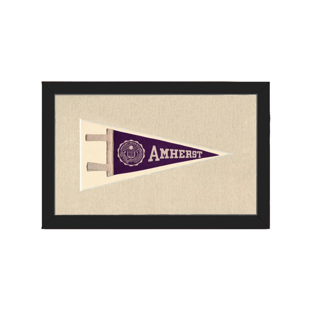 Vintage Amherst College pennant in purple and cream in black frame