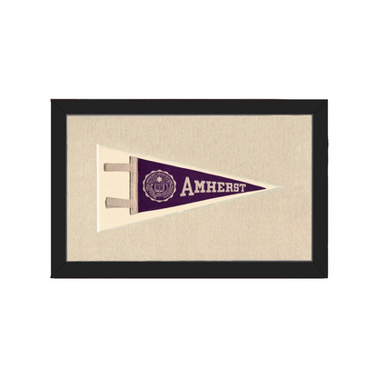 Vintage Amherst College pennant in purple and cream in black frame