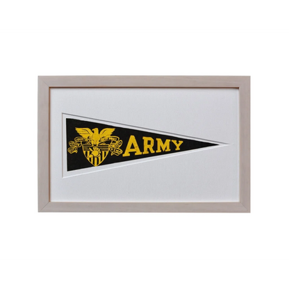 Vintage army Hormel pennant with black gold eagle in wool felt frame