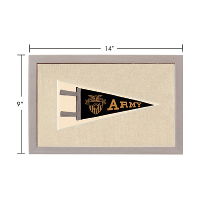 Vintage army pennant in black and gold, framed in gray