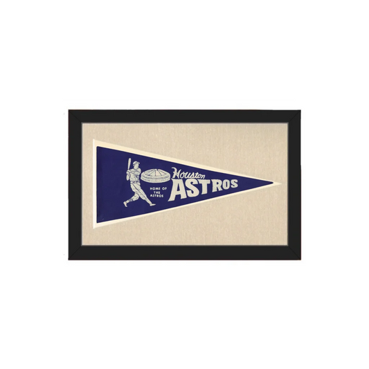 Navy blue vintage Astros pennant with white baseball player silhouette and bold team name lettering