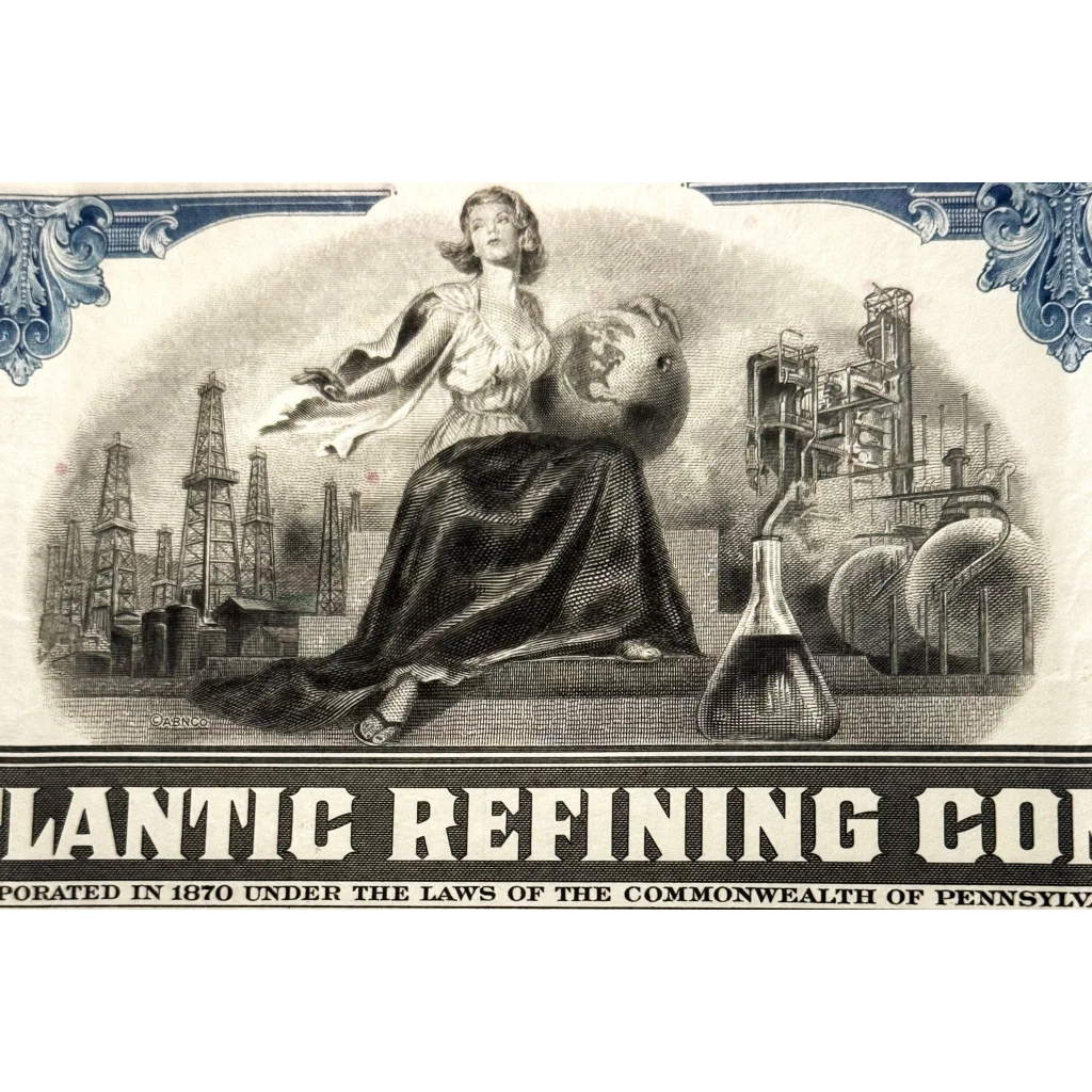 Allegorical female figure with industry symbols and cityscape in Atlantic Refining Co. stock certificate