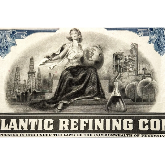 Allegorical female figure with industry symbols and cityscape in Atlantic Refining Co. stock certificate