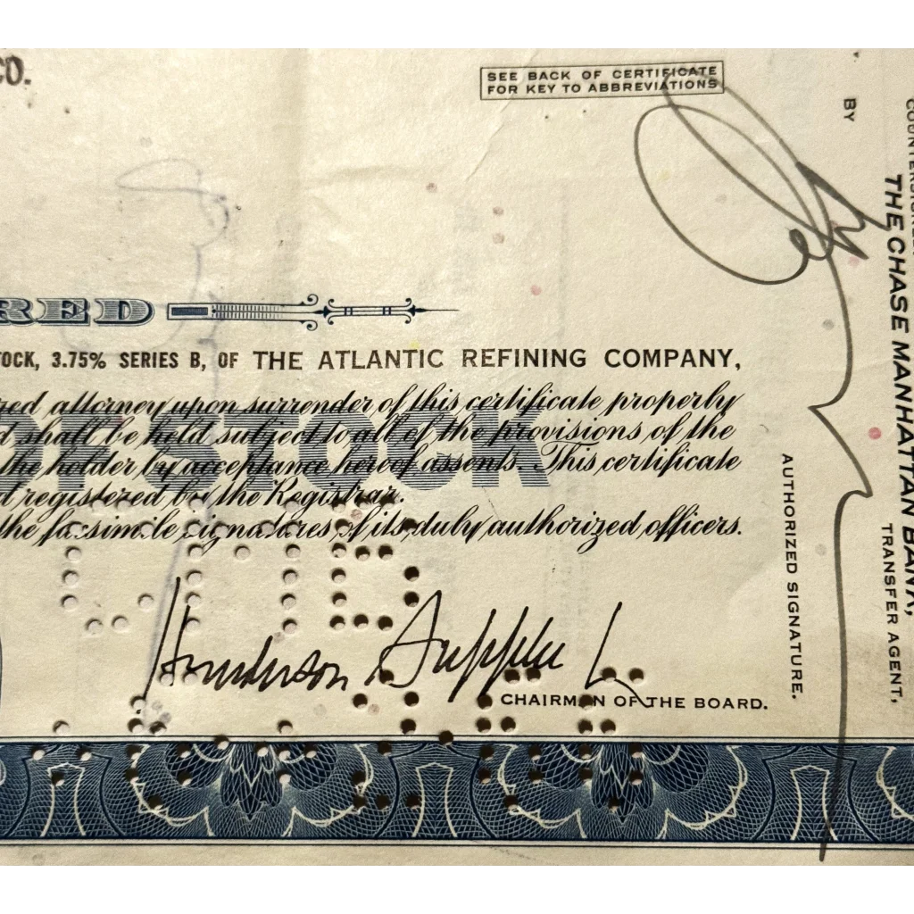 Vintage Atlantic Refining Co. stock certificate showcasing signature and oil history