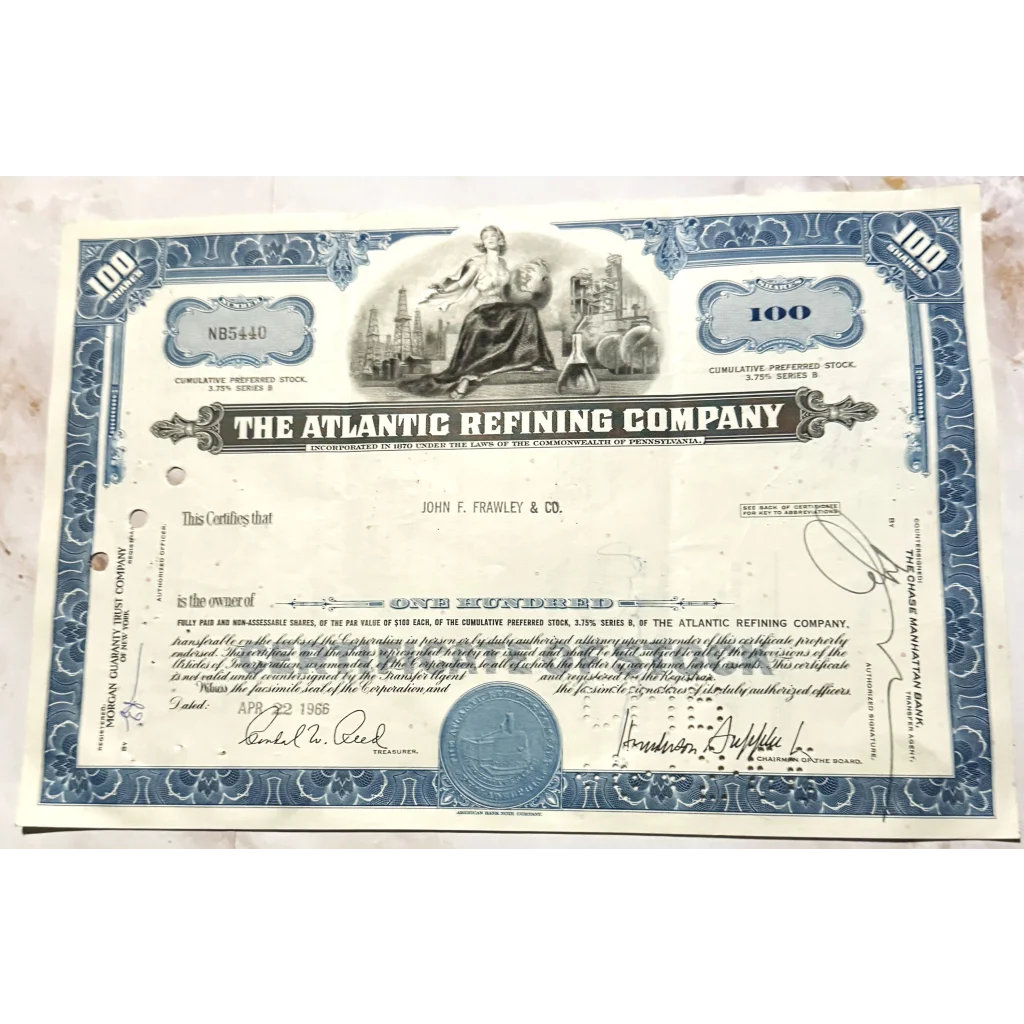 Vintage Atlantic Refining Co. stock certificate showcasing oil history and investment charm