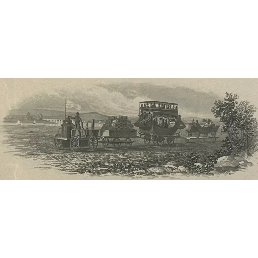 Horse-drawn stagecoach on a riverbank with Rare Antique B&O Railroad Stock Certificate