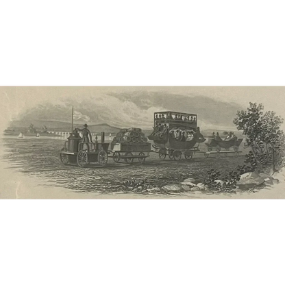 Horse-drawn stagecoach on a riverbank with Rare Antique B&O Railroad Stock Certificate