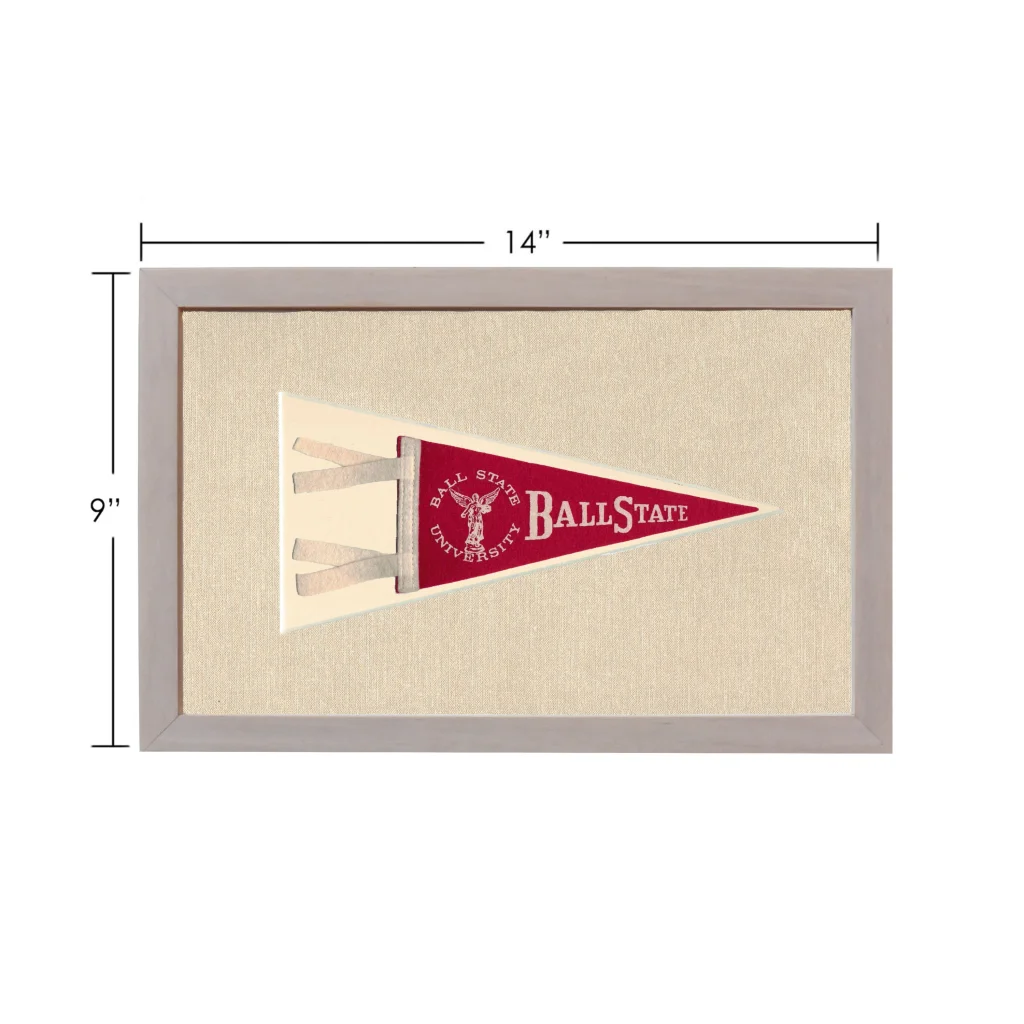 Vintage Ball State University pennant in red and white, framed