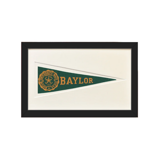 Vintage Baylor wool felt pennant flag in green gold frame
