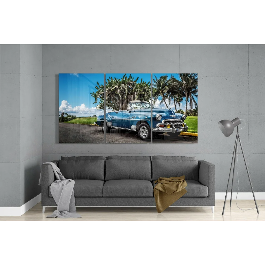 Vintage blue convertible car glass wall art mural on gray wall