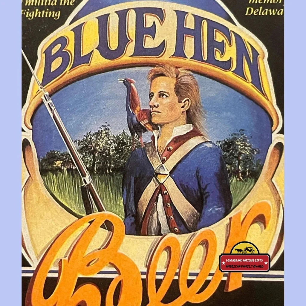 Vintage Blue Hen Beer label with a soldier and scenic backdrop celebrating Delaware’s spirit