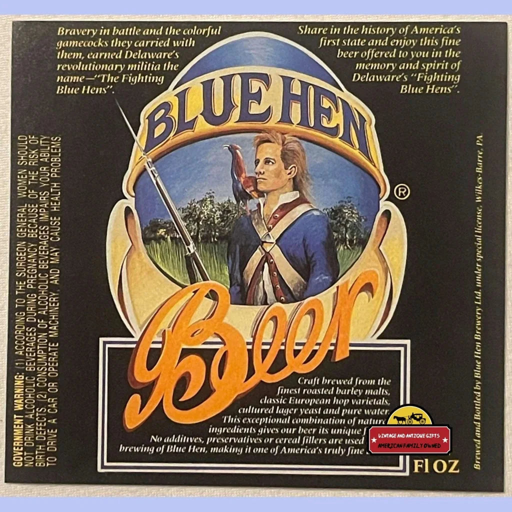 Vintage Blue Hen Beer label showcasing a Revolutionary War soldier in celebration