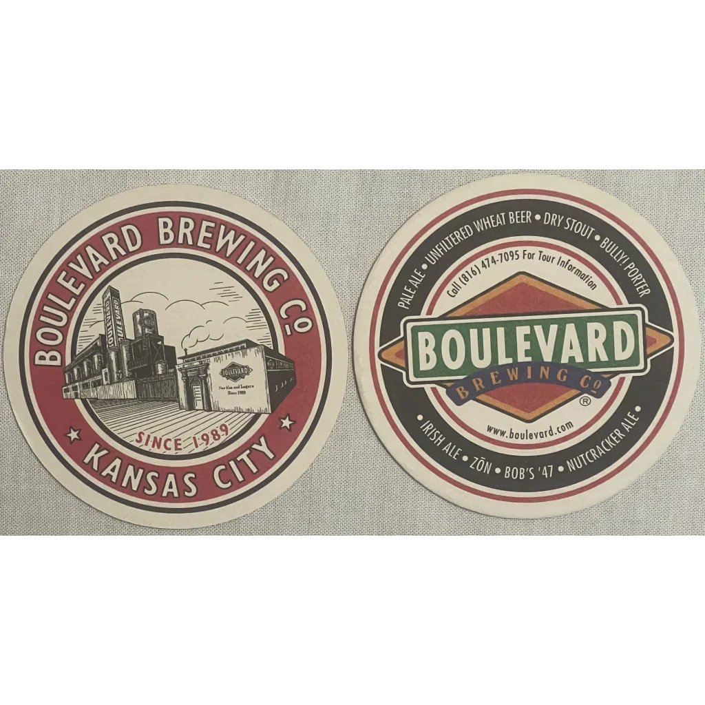 Two vintage Boulevard Brewing beer coasters from Kansas City, perfect for collectors