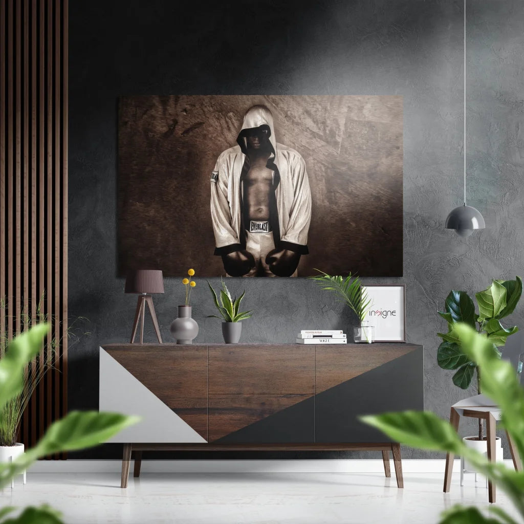 Vintage boxer in white robe on sepia canvas, brushed aluminium dibond print